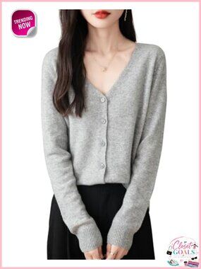 100% Merino Wool V-Neck Cardigan Long Sleeve Lightweight Knit Sweater
